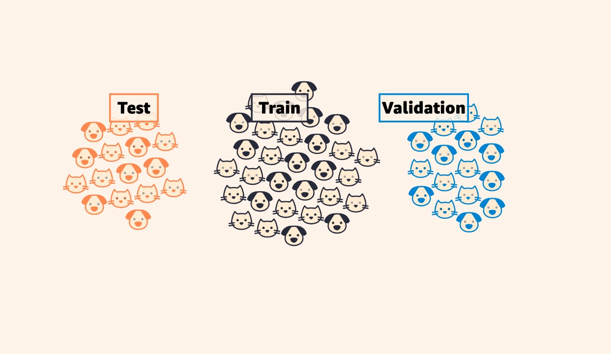Train, Test, Validation Article Image (Groups of cats/dogs in circles).